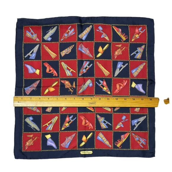 Salvatore Ferragamo Vintage 100% Silk Shoe Designs Scarf 16” Square Red Blue - Picture 3 of 12